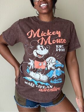 Disney Mickey Mouse Make Life An Adventure Washed Brown Graphic Tee Size Medium